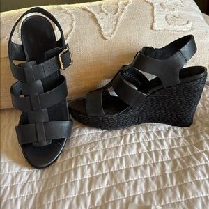 Chic Black Strappy Wedge Sandals. Clarks.